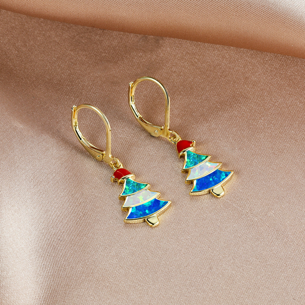 Women's Christmas Tree Color Opal Dangle Earrings, Gold / White Gold Plating