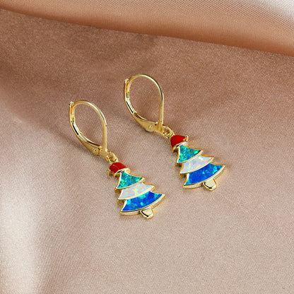 Women's Christmas Tree Color Opal Dangle Earrings, Gold / White Gold Plating