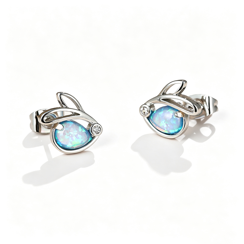 Women's Hollow Rabbit Teardrop Opal Stud Earrings with Round Zirconia Accent, with White Gold Plating