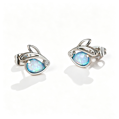 Women's Hollow Rabbit Teardrop Opal Stud Earrings with Round Zirconia Accent, with White Gold Plating