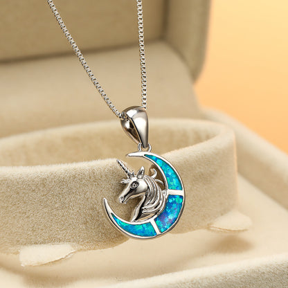Ins Opal Unicorn Crescent Moon Necklace