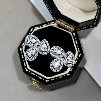 Women's Three‑Petal Flower Stud Earrings, Pear‑Shape Clear Zirconia with Zirconia Halo, S925 with White Gold Plating