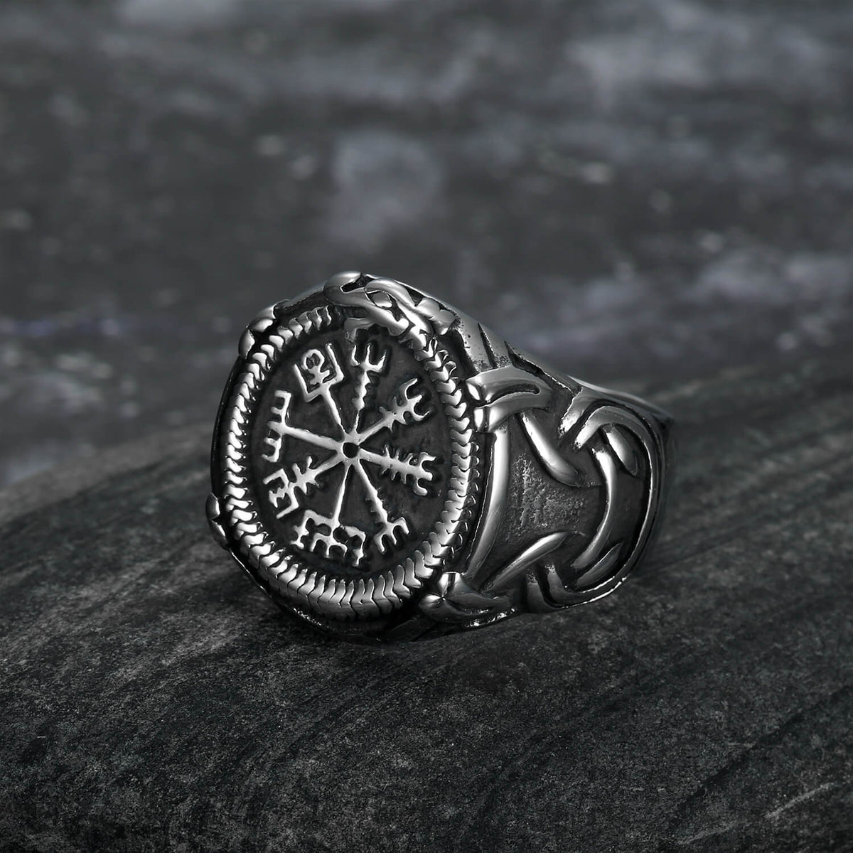 Vintage Antique Oxidized Solid Stainless Steel Norse Viking Aegishjalmur Helm of Awe Celtic Knot Wide Signet Band Ring for Men