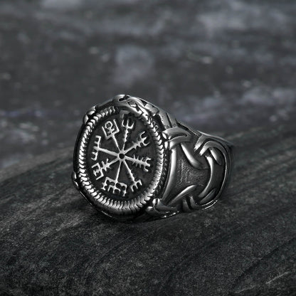 Vintage Antique Oxidized Solid Stainless Steel Norse Viking Aegishjalmur Helm of Awe Celtic Knot Wide Signet Band Ring for Men