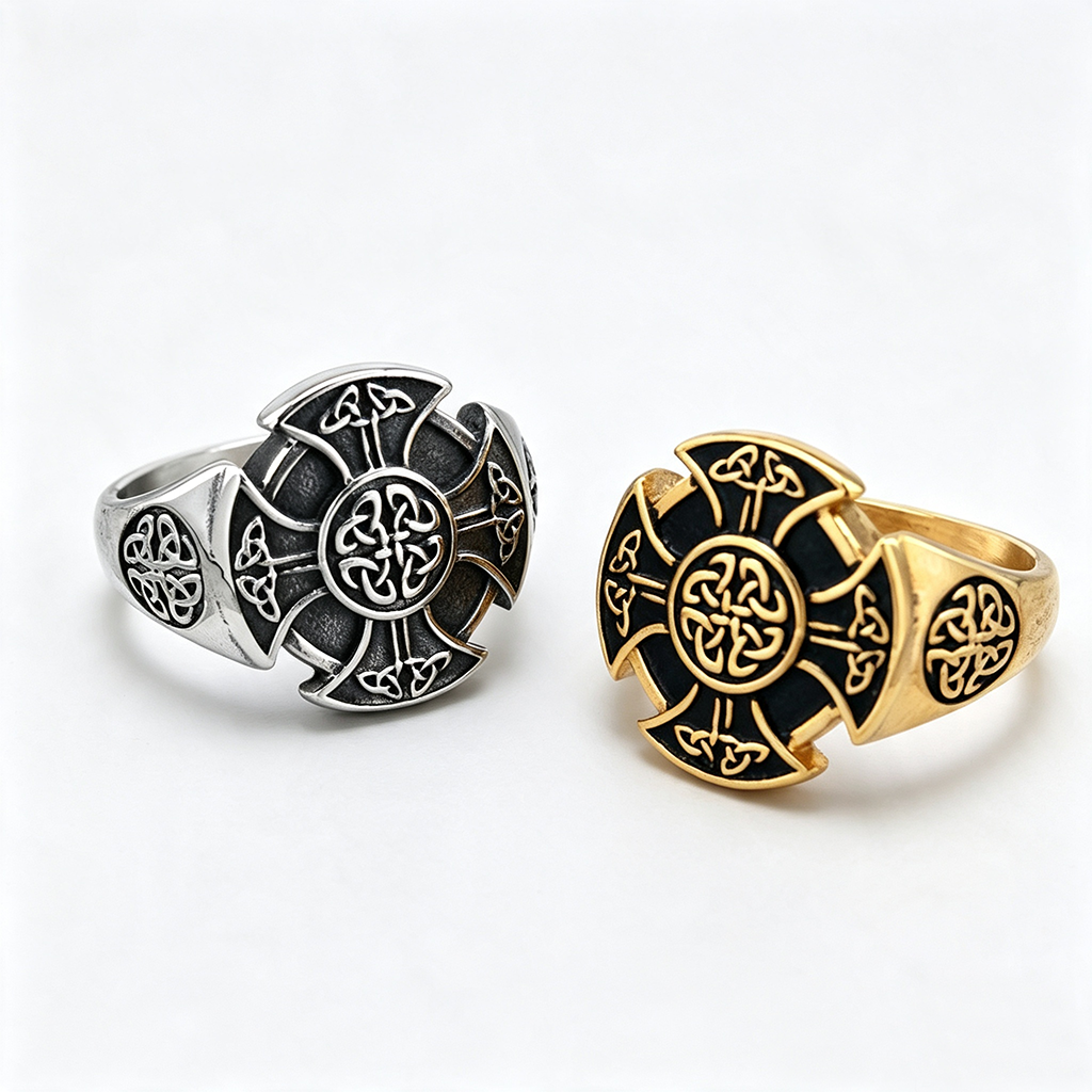 Vintage European American Solid Stainless Steel Viking Celtic Shield Round Ring for Men