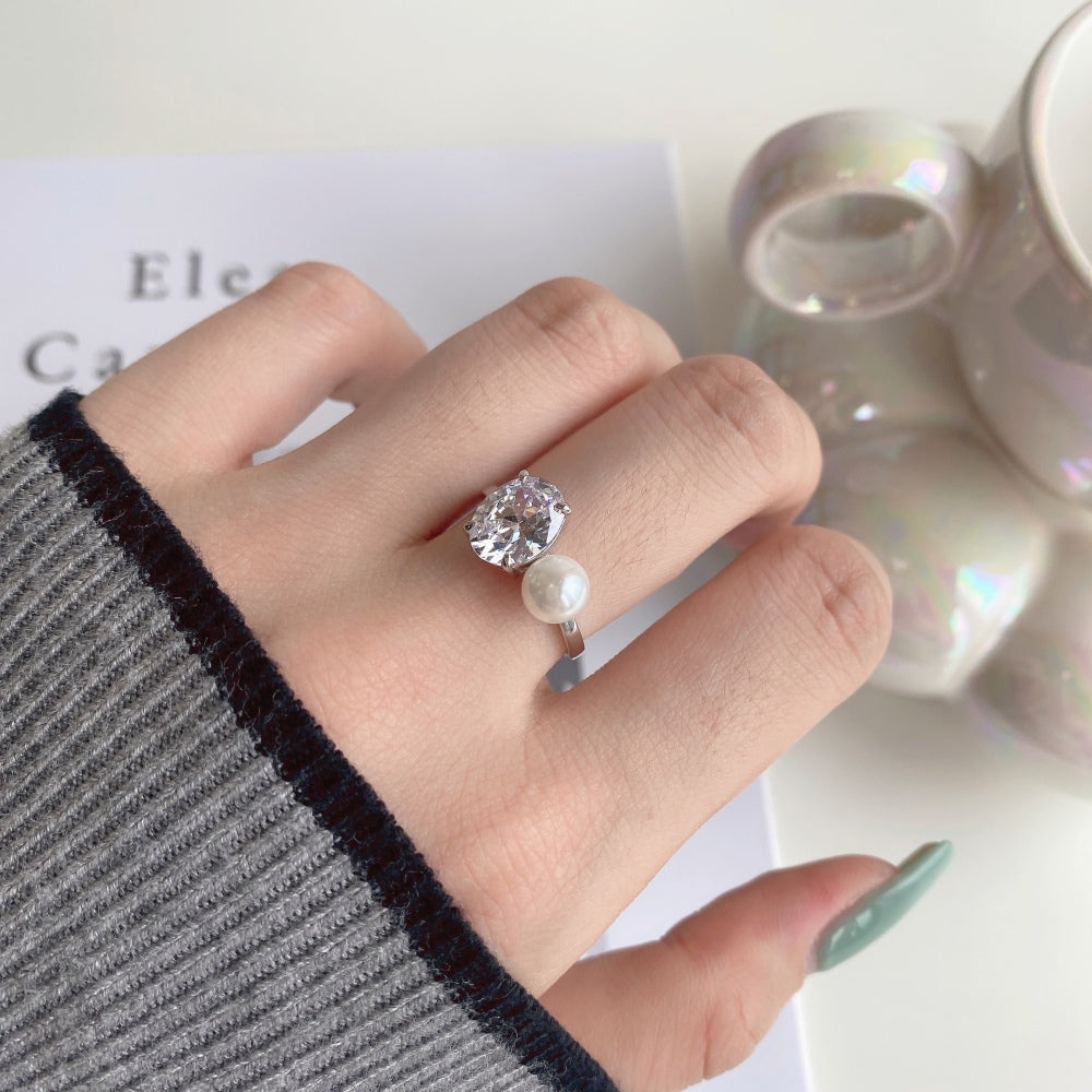 Women's Oval Zirconia Pearl Accent Ring, S925 with White Gold Plating