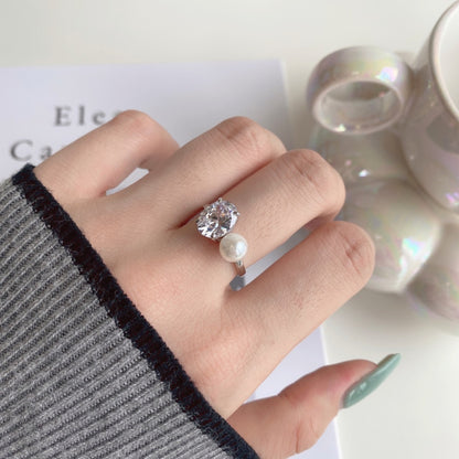 Women's Oval Zirconia Pearl Accent Ring, S925 with White Gold Plating