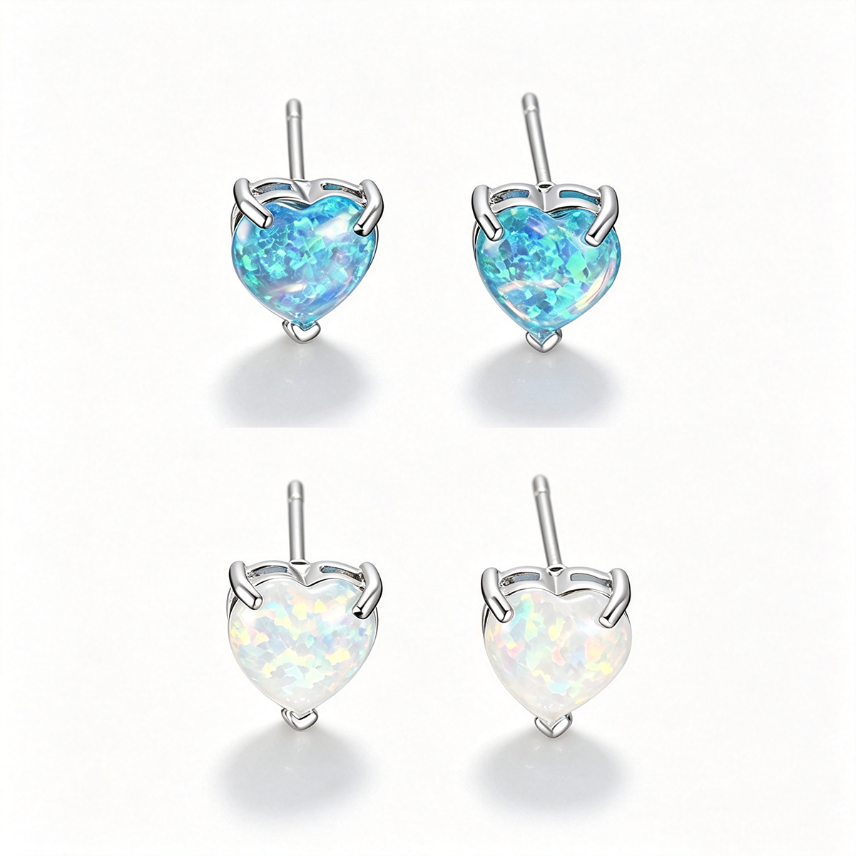Women's Minimalist Elegant Prong‑Set Heart‑Shape Blue / White Opal Stud Earrings, with White Gold Plating