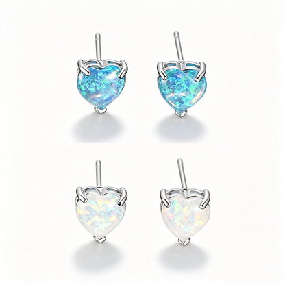 Women's Minimalist Elegant Prong‑Set Heart‑Shape Blue / White Opal Stud Earrings, with White Gold Plating