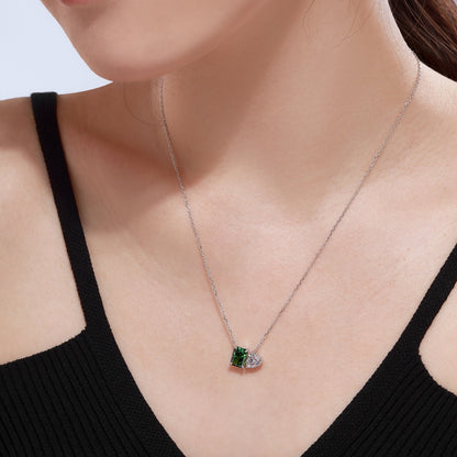 S925 Necklace, Dual Main Stones, Heart & Green Rectangular Stone, Mixed Color Exquisite Versatile Jewelry