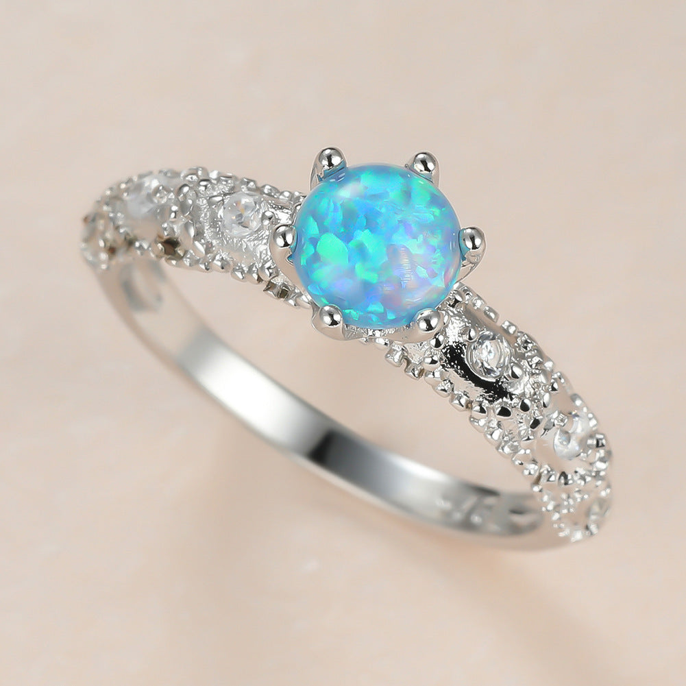 Women's White Gold Plated Six Prong Opal With Zirconia ring