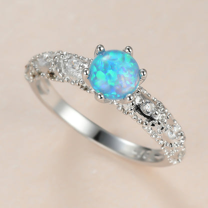 Women's White Gold Plated Six Prong Opal With Zirconia ring
