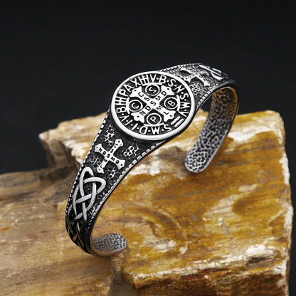 Men's Vintage Stainless Steel Open C Cuff Bracelet, Viking Celtic Knot Cross Exorcist Pattern Retro Adjustable Bangle