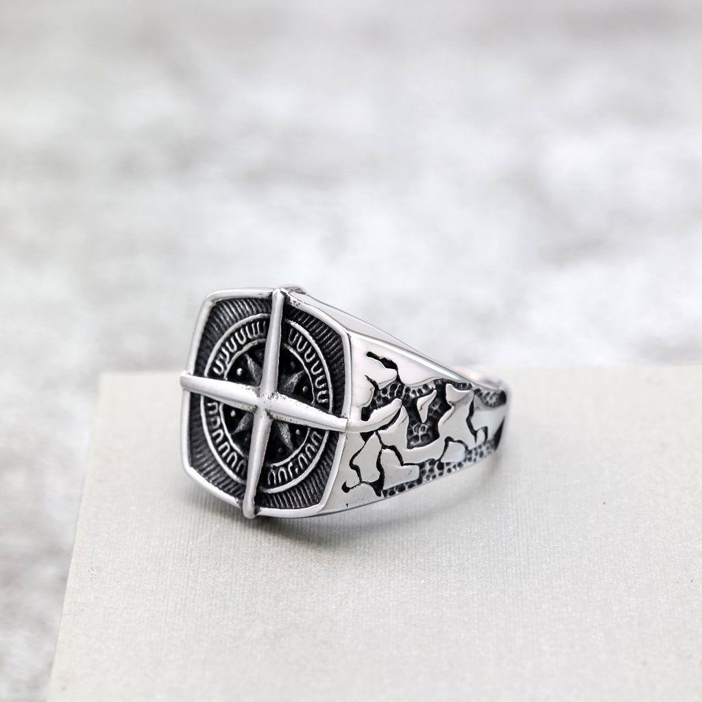 Vintage Stainless Steel Hip Hop Compass Square Signet Ring for Men