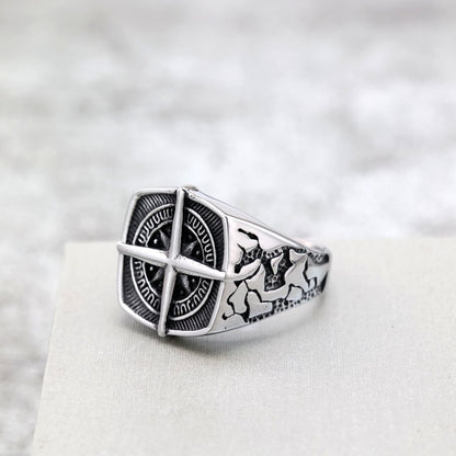 Vintage Stainless Steel Hip Hop Compass Square Signet Ring for Men