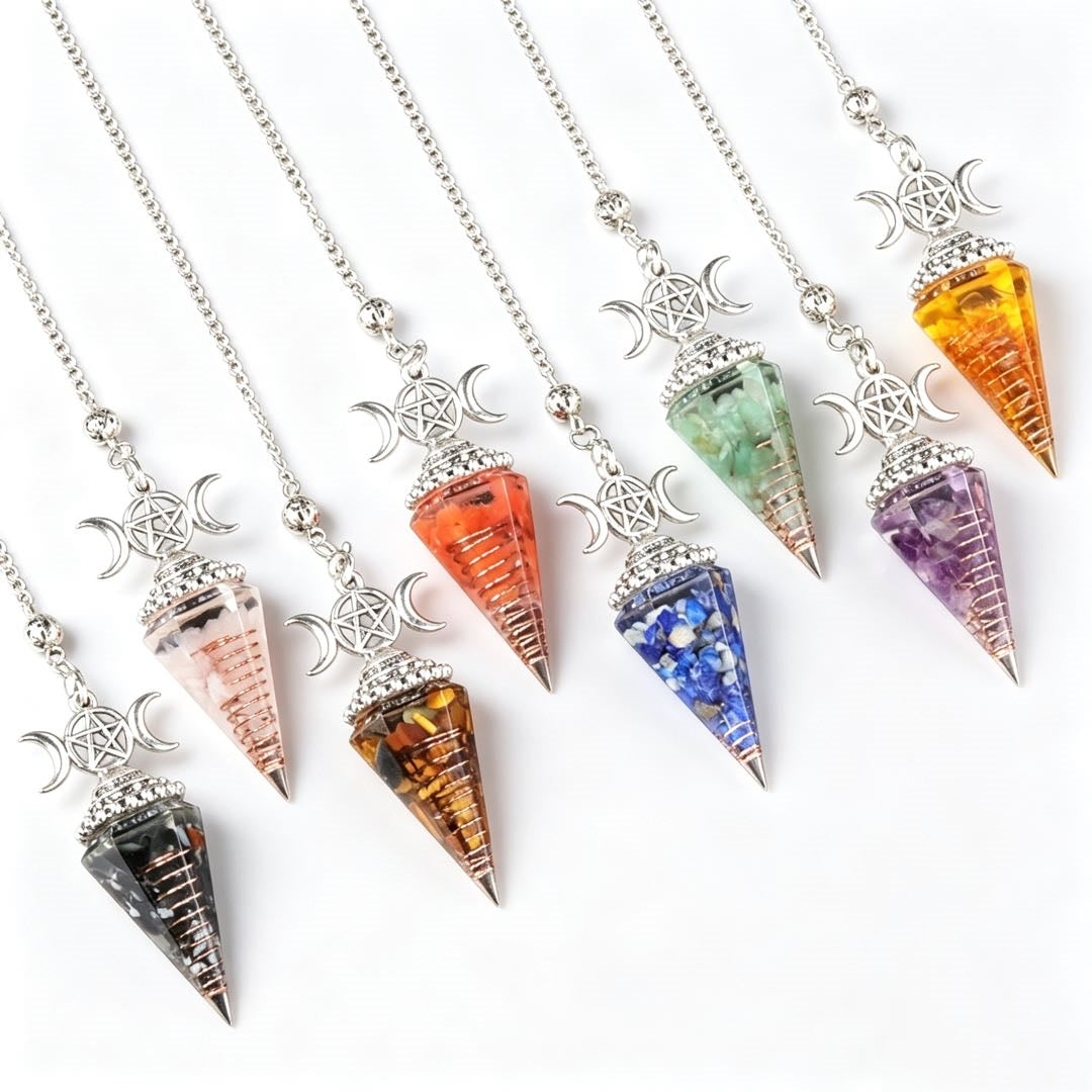 Three-phase moon seven-colored crushed stone resin crystal hexagonal pyramid spirit pendulum