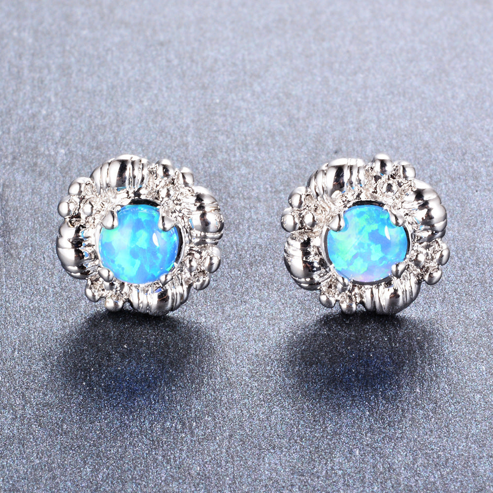 Women's Vintage Floral Cluster Round White / Blue Opal Stud Earrings, with White Gold Plating