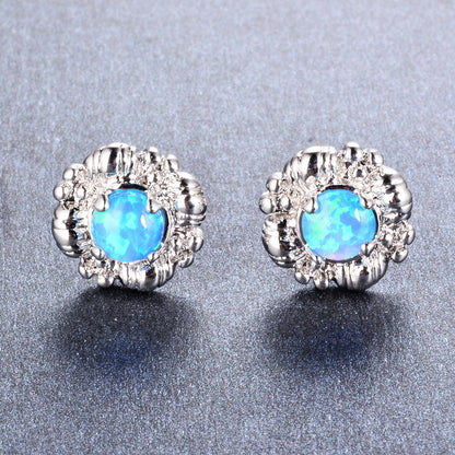 Women's Vintage Floral Cluster Round White / Blue Opal Stud Earrings, with White Gold Plating