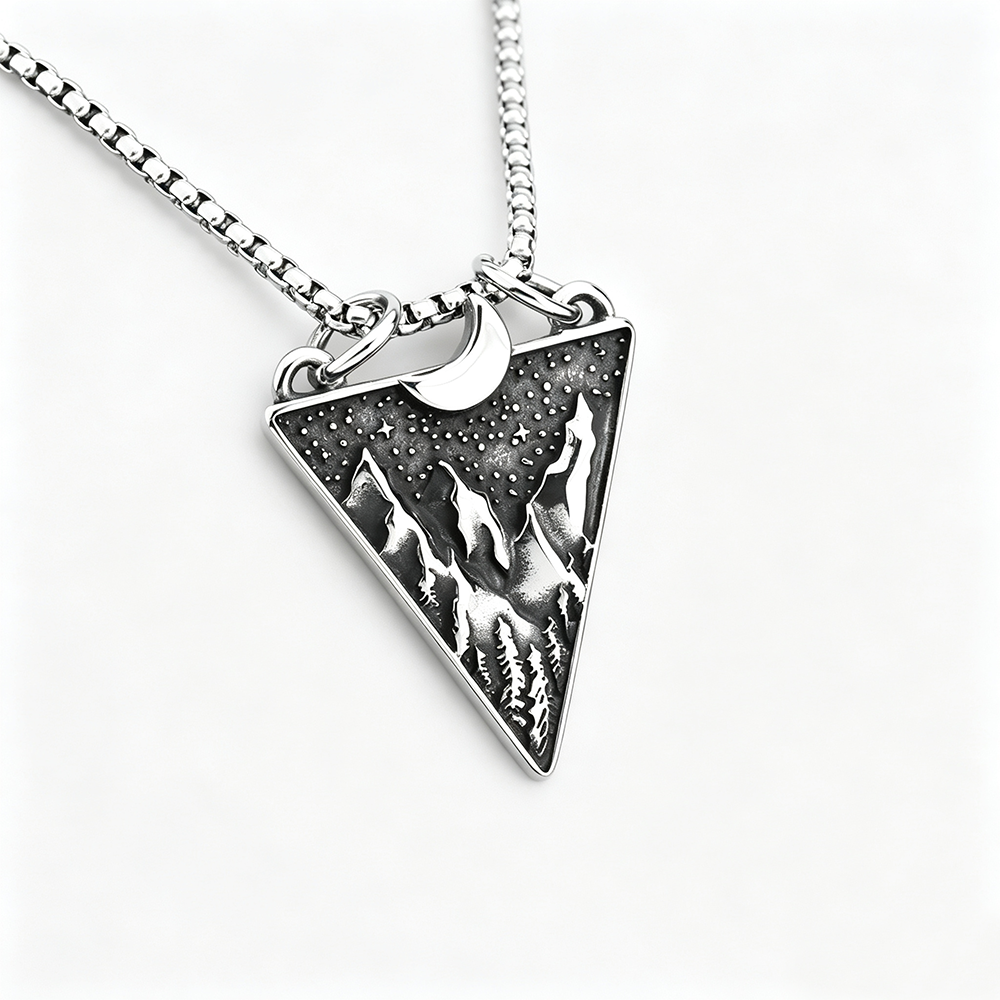 Mens Steel Triangle Mountain Moon Star Pendant Necklace