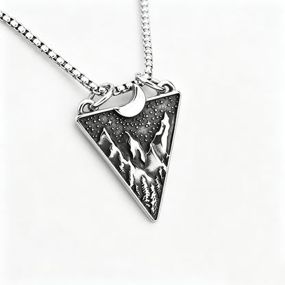 Mens Steel Triangle Mountain Moon Star Pendant Necklace