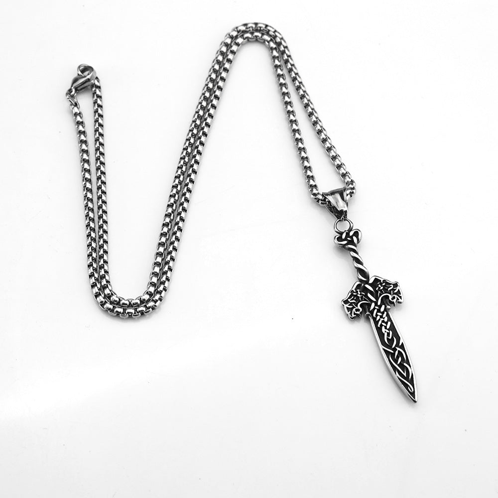 Vintage Antique Oxidized Stainless Steel Men's Viking Celtic Knot Sword Hollow Pendant Necklace