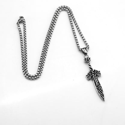 Vintage Antique Oxidized Stainless Steel Men's Viking Celtic Knot Sword Hollow Pendant Necklace