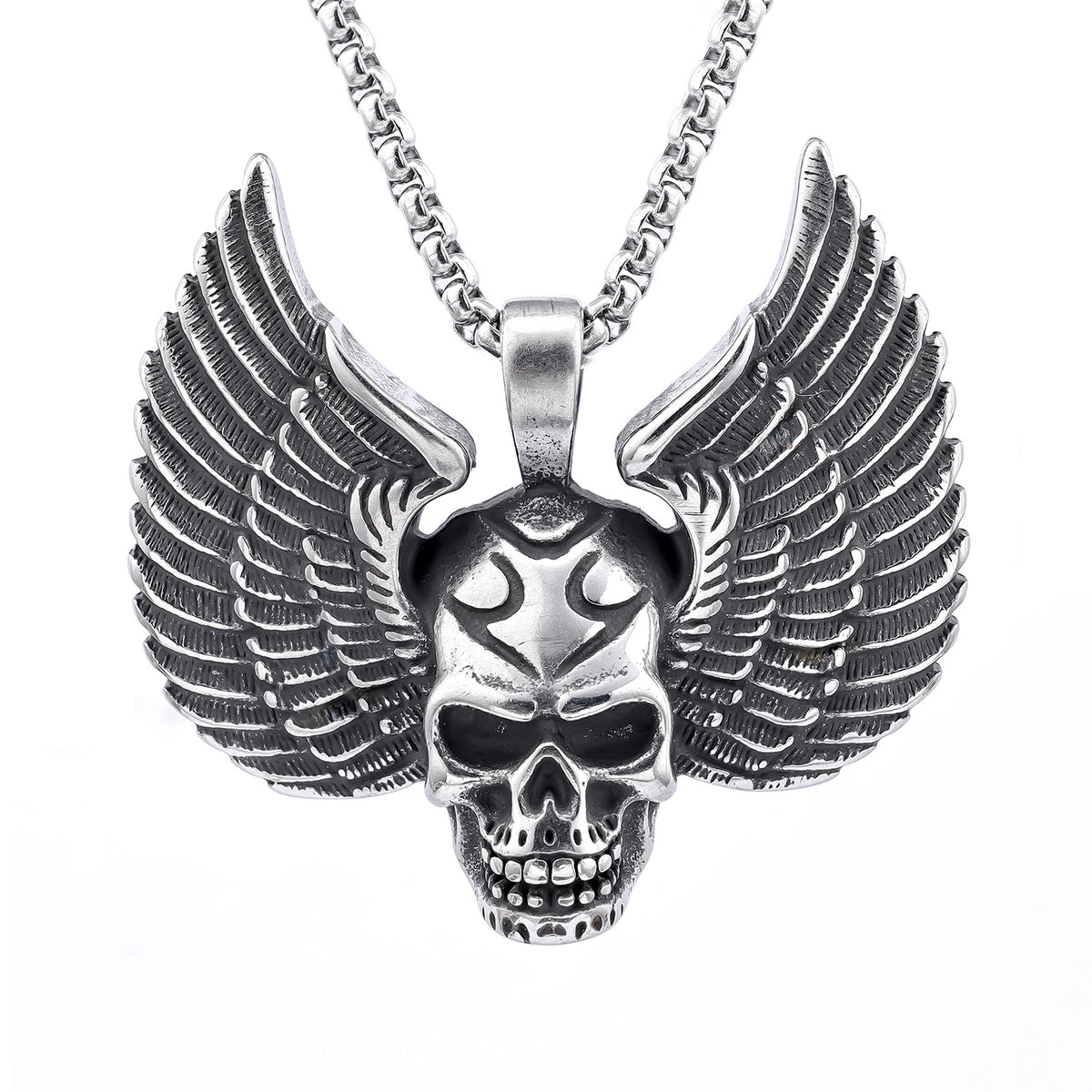 Men's Steel Winged Skull Pendant Necklace