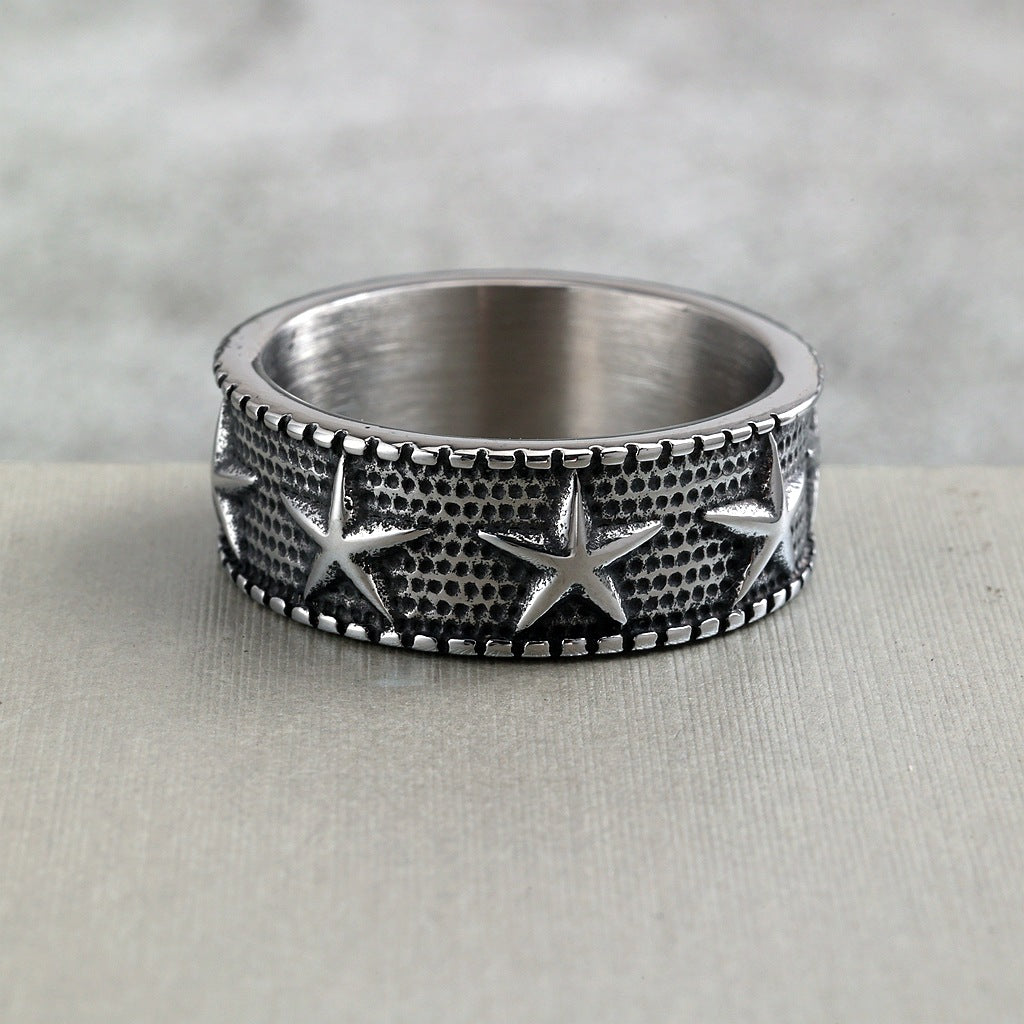 Vintage Solid Stainless Steel Five Point Starfish Round Ring for Men