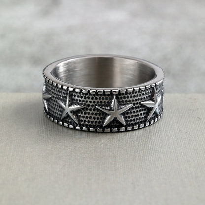 Vintage Solid Stainless Steel Five Point Starfish Round Ring for Men