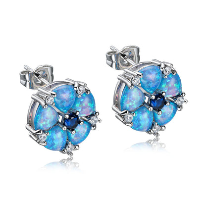 Women's Flower‑Shape Stud Earrings, Opal With Zirconia Inlay, White Gold Plating