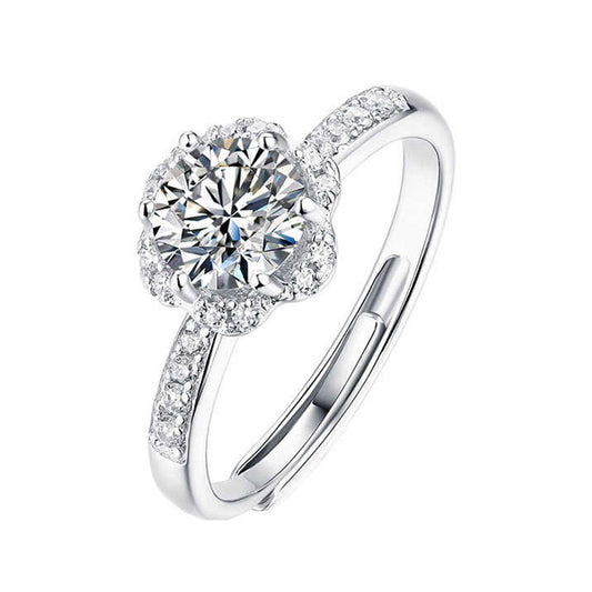 Women's White Gold Flower Shape Adjustable Moissanite Ring