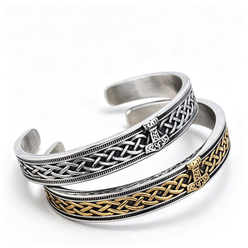 Nordic Retro Viking Mjolnir Stainless Steel C Cuff Men Bracelet