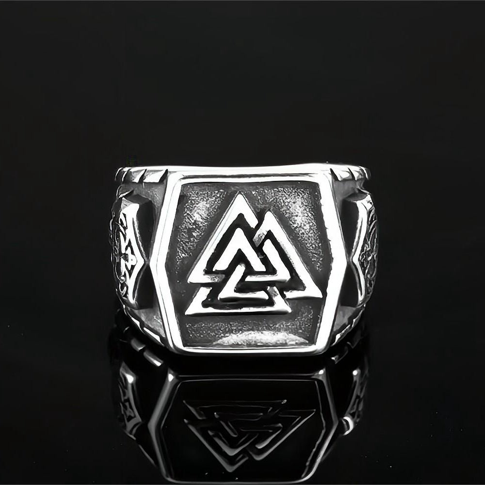 Vintage Antique Finish Stainless Steel Engraved Anchor Viking Triangle Symbol Hexagon Ring for Men