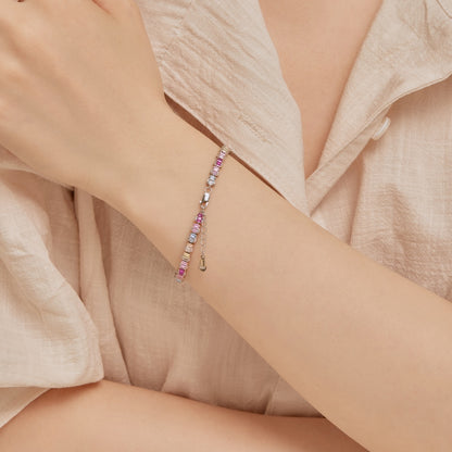 Women's Delicate Tennis Bracelet, Multicolor Baguette Zirconia Full Paved Inlay, S925 with White Gold Plating