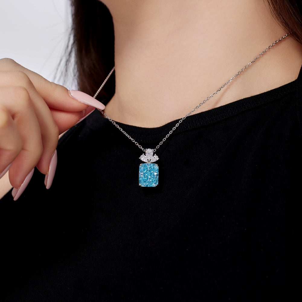 Women's Pendant Necklace, Blue Ice‑Cut Rectangle & White Pear Shape Spliced Zirconia, S925 with White Gold Plating