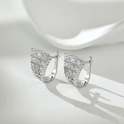 Women's U‑Shape Click Hoop Earrings, 3‑Row Paved Round Zirconia, S925 with White Gold Plating