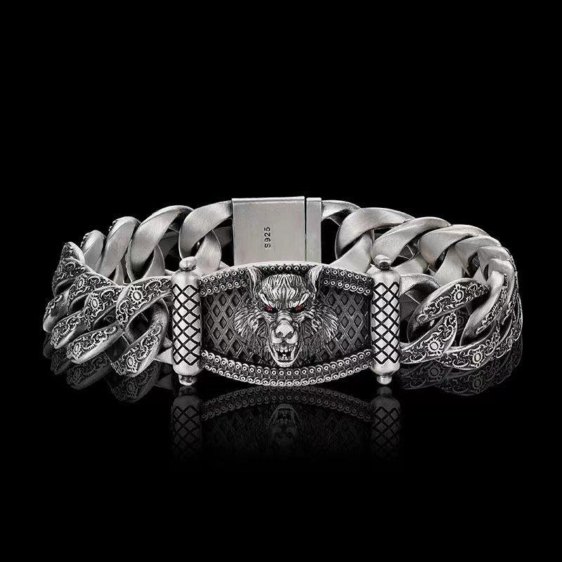 Men's Wolf Head Carved Curb Bracelet