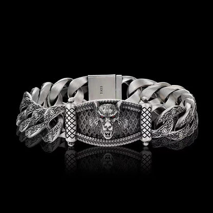 Men's Wolf Head Carved Curb Bracelet