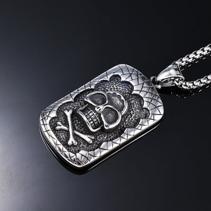 Men's Steel Skull Crossbones Dog Tag Pendant Necklace