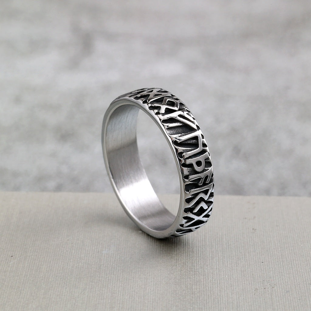 Vintage Solid Stainless Steel Norse Viking Full Rune Engraved Narrow Band Circle Ring for Men