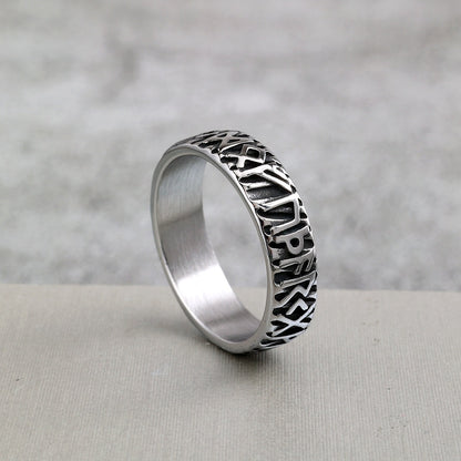 Vintage Solid Stainless Steel Norse Viking Full Rune Engraved Narrow Band Circle Ring for Men