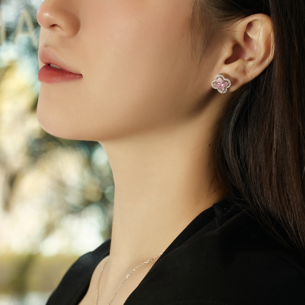 Women's Clover Halo Stud Earrings, Heart‑Shape Pink Zirconia, S925 with White Gold Plating