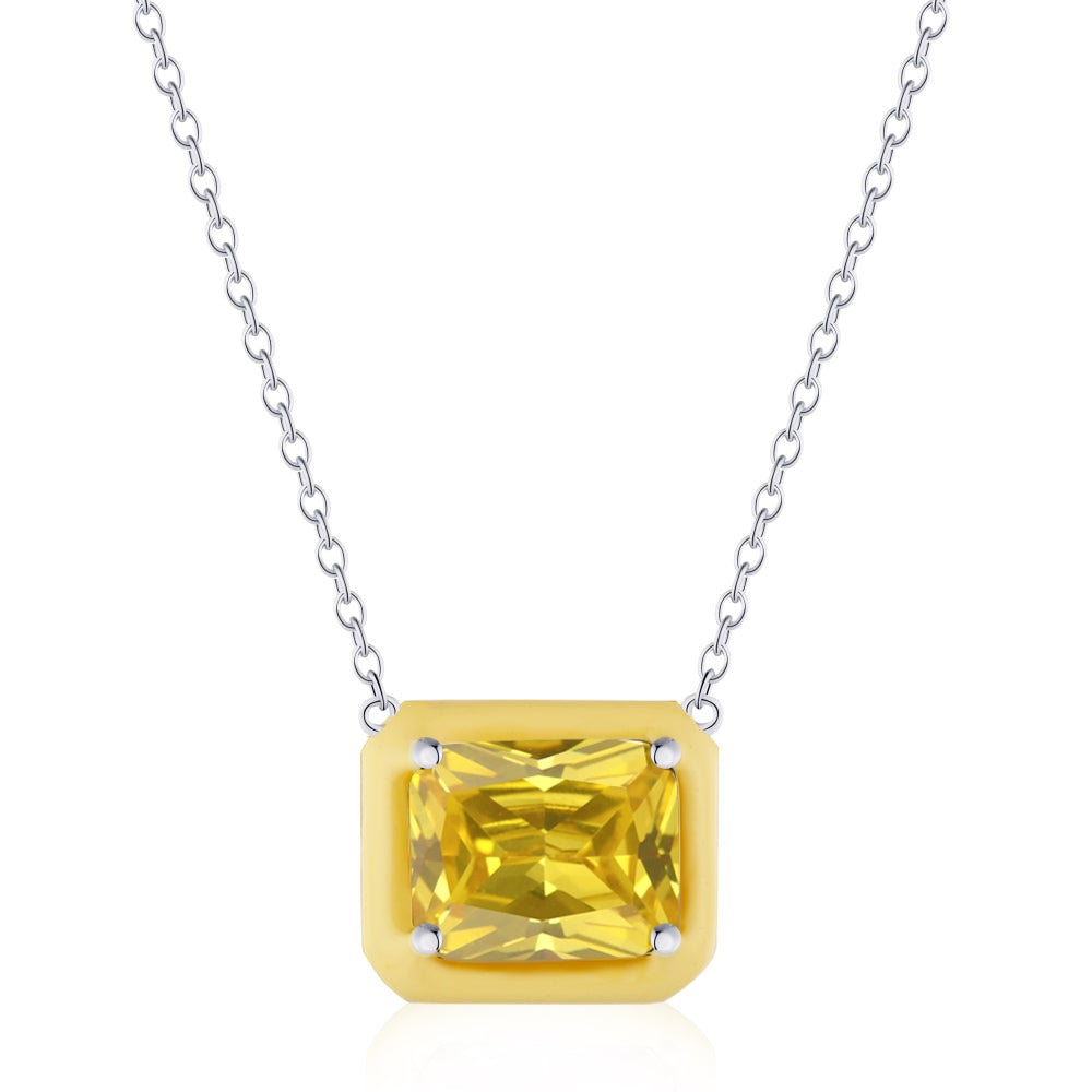 Women's Pendant Necklace, Rectangle Shape Yellow Sapphire Inlay Inside Yellow Epoxy, S925 with White Gold Plating