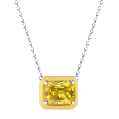 Women's Pendant Necklace, Rectangle Shape Yellow Sapphire Inlay Inside Yellow Epoxy, S925 with White Gold Plating