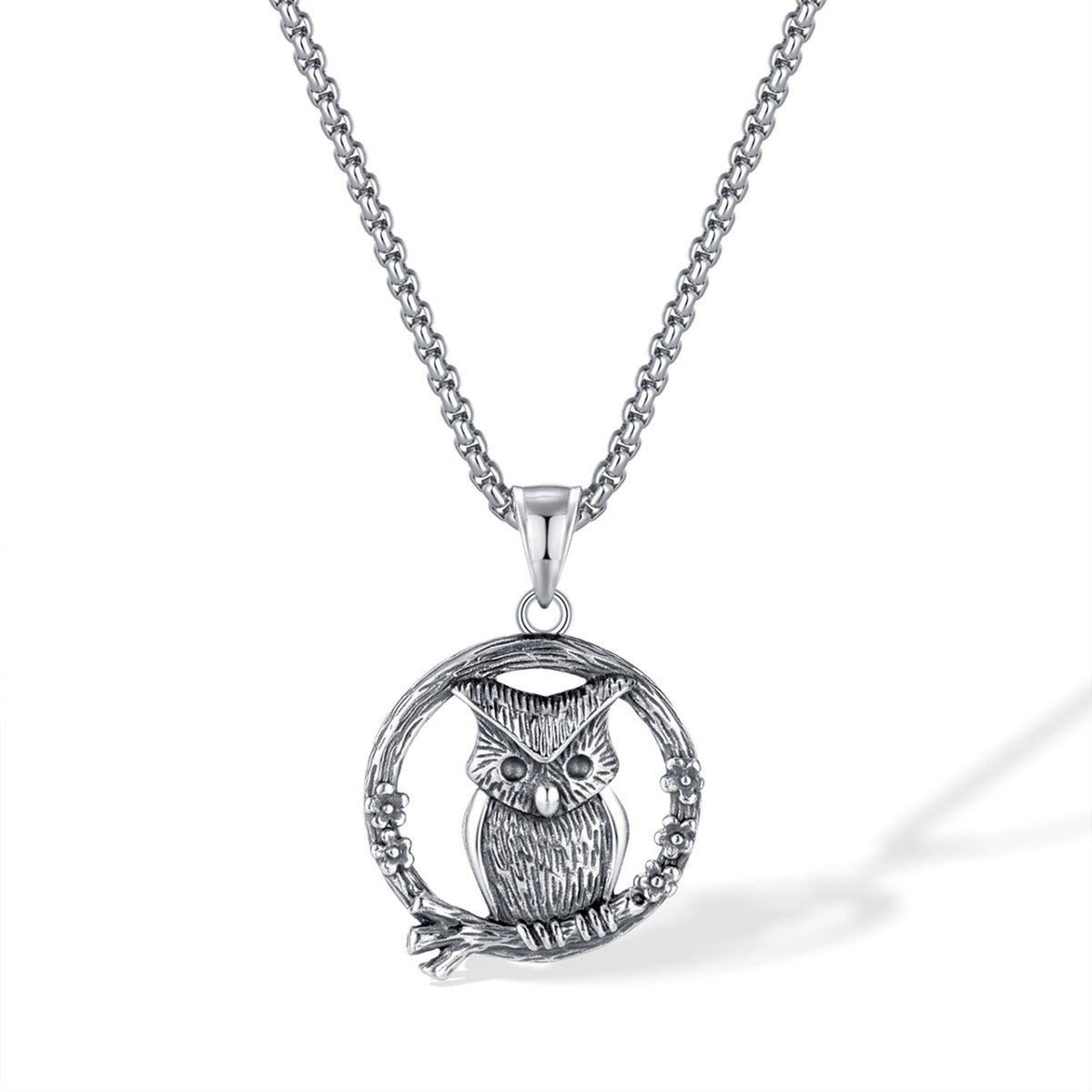Men's Steel Owl Round Pendant Necklace