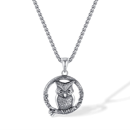 Men's Steel Owl Round Pendant Necklace