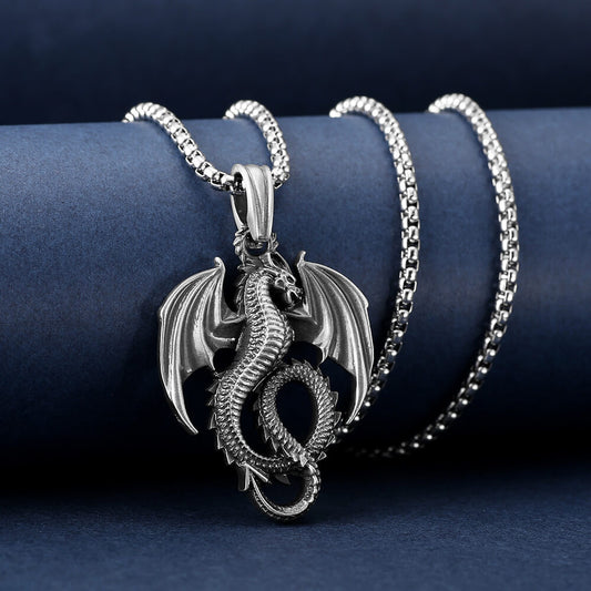 Men's Steel Vintage Winged Dragon Pendant Necklace Hip Hop Style Jewelry