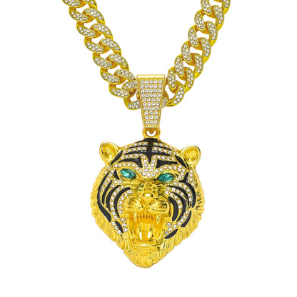 Hip-Hop Green-Eyed Lion Head Cuban Chain Pendant Necklace