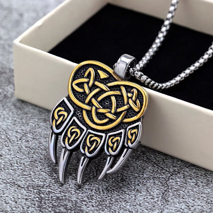 Vintage Men's Stainless Steel Viking Bear Claw Pendant Necklace