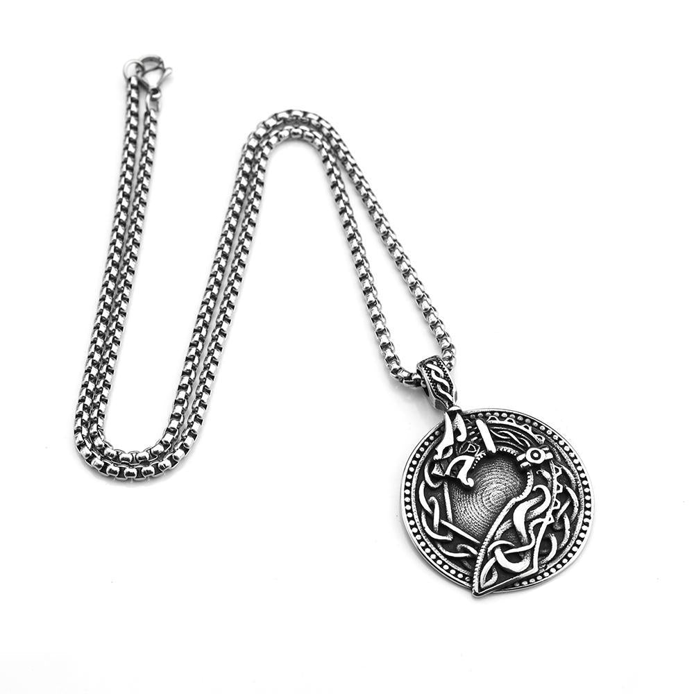Men's Steel Celtic Dragon Round Pendant Necklace
